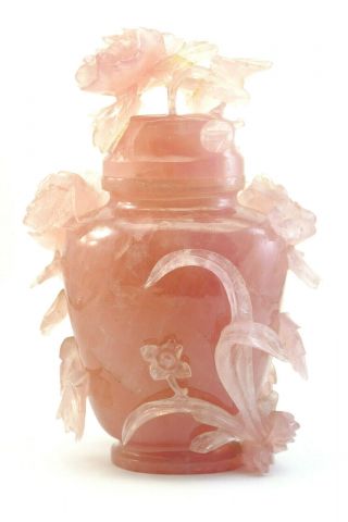 ANTIQUE CHINESE CARVED FLOWERS NATURAL PINK ROSE QUARTZ VASE AND COVER 6