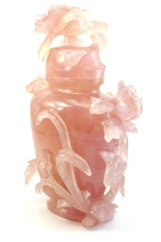 ANTIQUE CHINESE CARVED FLOWERS NATURAL PINK ROSE QUARTZ VASE AND COVER 8