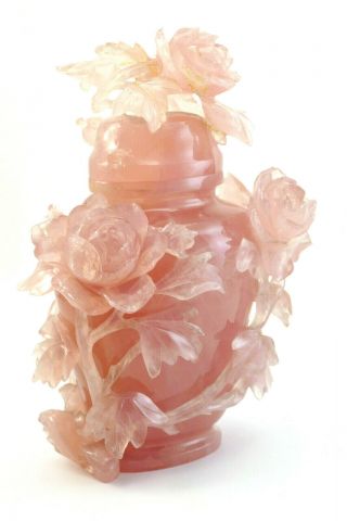 ANTIQUE CHINESE CARVED FLOWERS NATURAL PINK ROSE QUARTZ VASE AND COVER 9