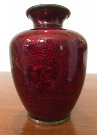 Antique 100 Yr Old Red Ox Blood Foil Hidden Flowers Cloisonné Vase Marked Set 3
