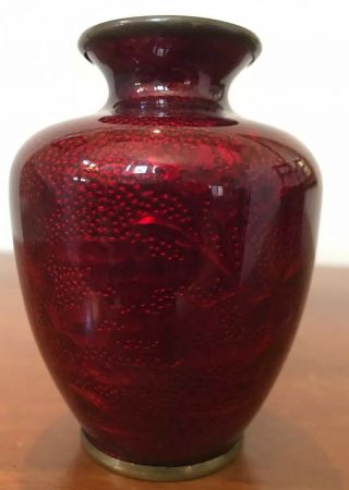 Antique 100 Yr Old Red Ox Blood Foil Hidden Flowers Cloisonné Vase Marked Set 3 2