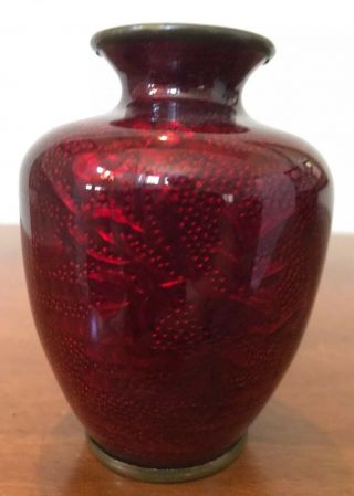 Antique 100 Yr Old Red Ox Blood Foil Hidden Flowers Cloisonné Vase Marked Set 3 3