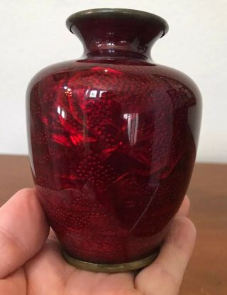Antique 100 Yr Old Red Ox Blood Foil Hidden Flowers Cloisonné Vase Marked Set 3 6