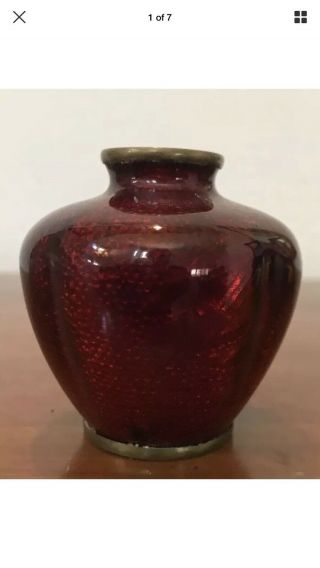 Antique 100 Yr Old Red Ox Blood Foil Hidden Flowers Cloisonné Vase Marked Set 3 7