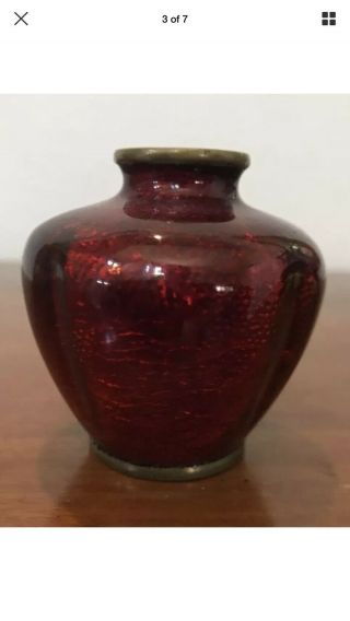Antique 100 Yr Old Red Ox Blood Foil Hidden Flowers Cloisonné Vase Marked Set 3 8