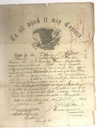Civil War Discharge Papers 15th Connecticut Infantry 1865 Charles H.  Bartlett