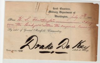 1861 Head Quarters Military Dept Of Washington Drake De Kay Signed Pass