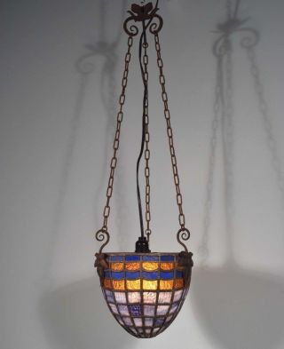 Vintage Stained Glass And Wrought Iron Hanging Lamp/chandelier