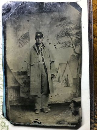 Civil War Young Union Soldier With Overcoat,  Tintype