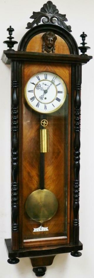 Antique 8 Day Single Weight Slimline Walnut & Ebony Vienna Regulator Wall Clock