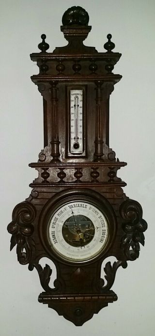 French Antique Carved Oak Wood Black Forest Barometer With Clock Xixth