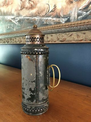 Unusual Metal Candle Lantern 19th Century Tin with old candle 2