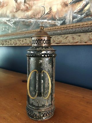 Unusual Metal Candle Lantern 19th Century Tin with old candle 3