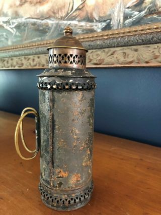 Unusual Metal Candle Lantern 19th Century Tin with old candle 4