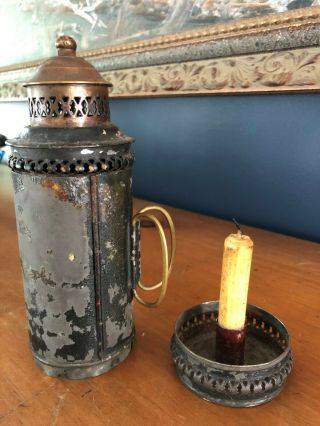 Unusual Metal Candle Lantern 19th Century Tin with old candle 5