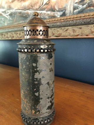Unusual Metal Candle Lantern 19th Century Tin with old candle 7