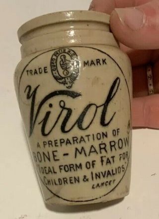 Antique Virol Bone Marrow Preparation Stoneware Baby Food Jar 3.  5”