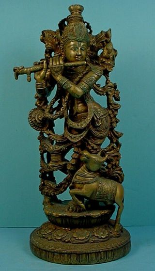 Large 17½”antique Bronze Hindu God Lord Krishna Flaying Flute Sculpture