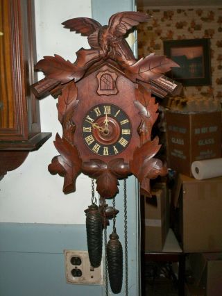 Antique German Black Forest Cuckoo Clock With Carved Animated Bird 100