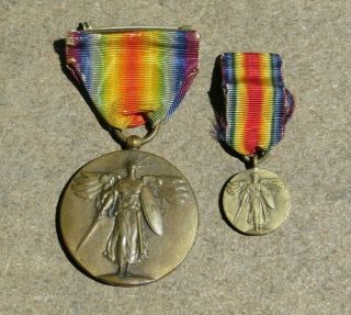 Ww1 Great War Us Army Navy Usmc Marine Military Victory Medal W/ Miniature