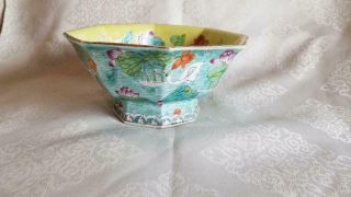 Vintage Handpainted Signed Hexagon Yellow Chinese Aqua Famille Rose Bowl 2