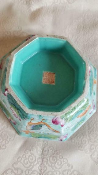 Vintage Handpainted Signed Hexagon Yellow Chinese Aqua Famille Rose Bowl 3