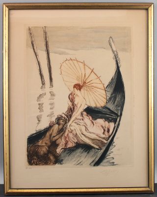 Antique Art Deco Jean - Gabriel Domergue,  Satyr,  Nude & Gondola Tinted Etching