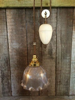 Antique Victorian Rise And Fall Pendant With Holophane Glass Shade