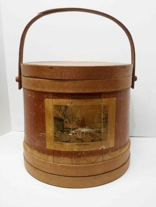 Large Antique Wooden Firkin Primitive England Sugar Bucket Handle & Lid