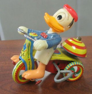 Vintage Linemar Tin Litho Celluloid Donald Duck On Tricycle Wind - Up Toy Disney