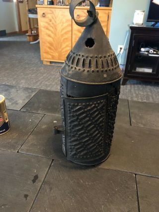 Antique Primitive Pierced Tin Candle Lantern 19th Century Tinsmith Lamp