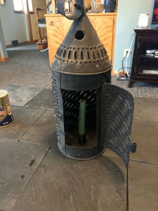Antique Primitive Pierced Tin Candle Lantern 19th century tinsmith lamp 3