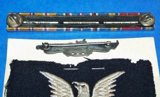NAMED STERLING SILVER WW2 SUBMARINE BADGE,  PATCH & RIBBONS: USS ATULE 3