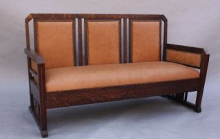 1910 Arts & Crafts Settle Antique Oak & Leather Craftsman Sofa Vintage (9779)
