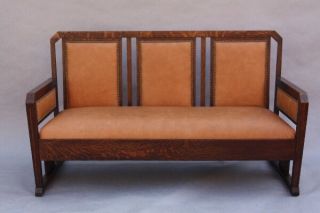1910 Arts & Crafts Settle Antique Oak & Leather Craftsman Sofa Vintage (9779) 2