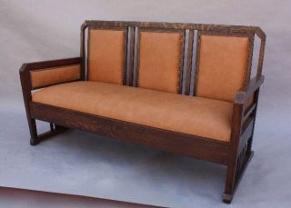 1910 Arts & Crafts Settle Antique Oak & Leather Craftsman Sofa Vintage (9779) 3