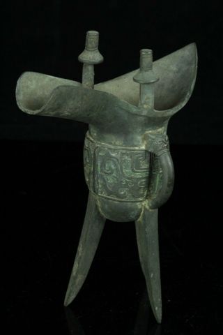 Apr103 Chinese Ancient Bronze Tripod Wine Pitcher Jug Jue