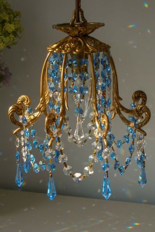 Dainty Pretty Vintage French Bell Shaped Ornate Brass & Crystal Chandelier Light