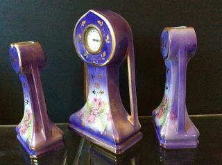 C1910 3 Pce Garniture Set Mantel Clock Vases Wind Up English Porcelain