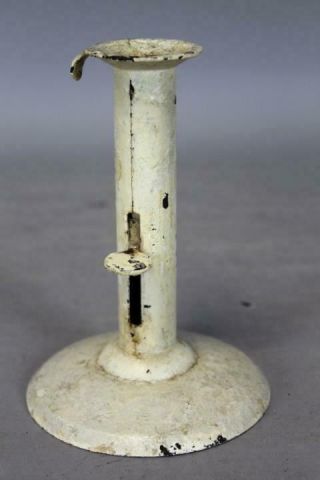 A Great Early 19th C Rolled Iron Hogscraper Candlestick In Old Ivory White Paint