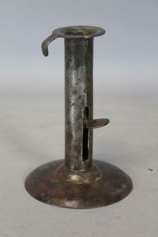 A Great Early 19th C Rolled Iron Hogscraper Candlestick In Old Grungy Surface