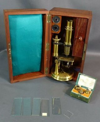 Antique French C.  Verick Brass Monocular Microscope Objective Lens Box E.  Hartnack