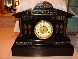 Large French Style Black Marble Column Clock & Made In England
