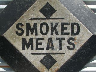 SMOKED MEATS METAL SIGN VINTAGE BBQ MEAT SMOKEHOUSE FARM BARN antique amish old 2