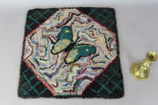 Rare Folk Art 19th C Wool Hooked Rug With A Butterfly Design In Great Colors