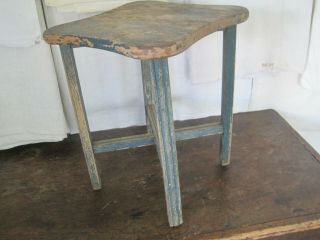 Old Vintage Primitive Blue Green Paint Wood Stool American Country Find 10