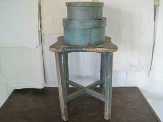Old Vintage Primitive Blue Green Paint Wood Stool American Country Find