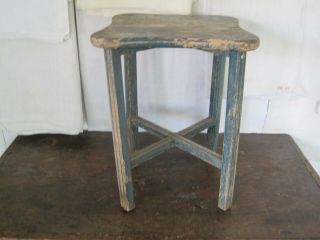 Old Vintage Primitive Blue Green Paint Wood Stool American Country Find 2