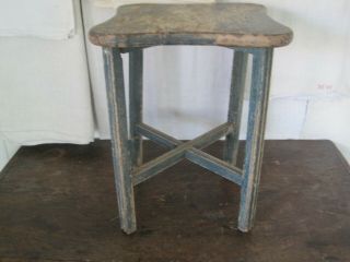 Old Vintage Primitive Blue Green Paint Wood Stool American Country Find 3