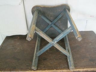Old Vintage Primitive Blue Green Paint Wood Stool American Country Find 4